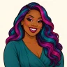 Cartoon portrait of Aunty Esi with a colourful weave and bold makeup