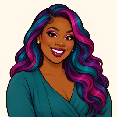 Cartoon portrait of Aunty Esi with a colourful weave and bold makeup