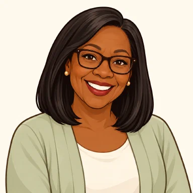 Cartoon portrait of Grandma Lucy with glasses and a straight black wig