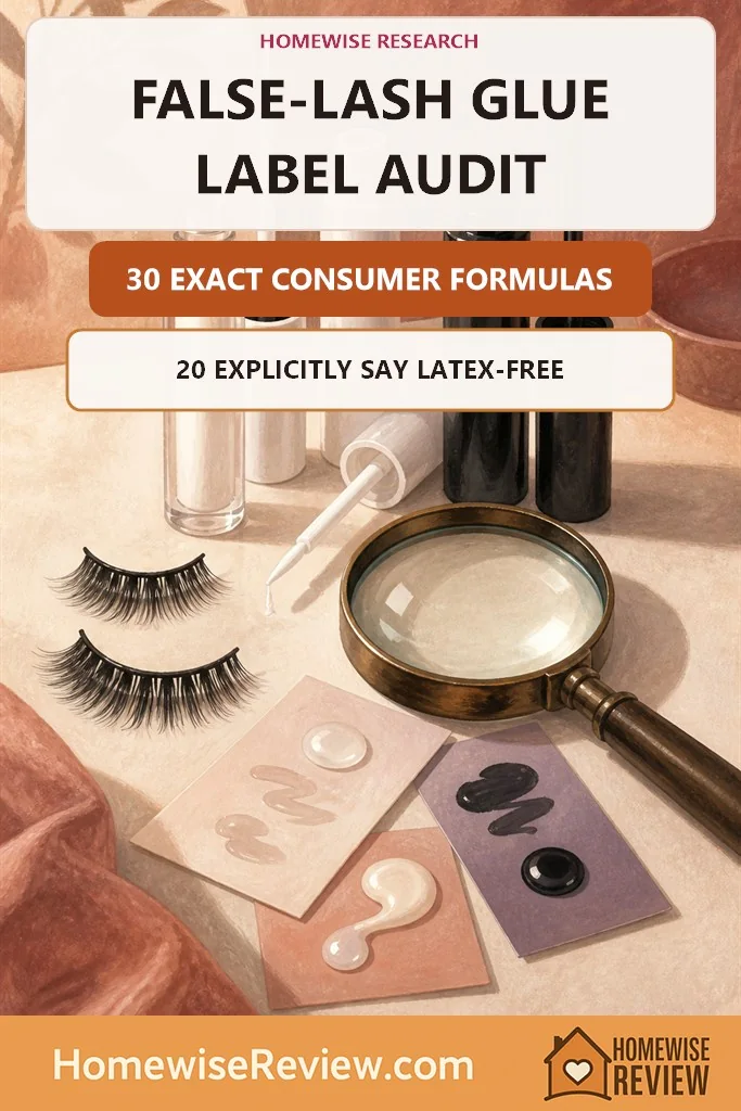 Warm illustrated HomeWise Research cover showing clear and black false-lash adhesive tubes, strip lashes and a magnifying glass, stating that 30 formulas were checked and 20 explicitly say latex-free