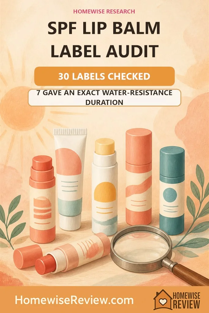 Warm illustrated SPF lip balm label audit cover stating that 7 of 30 labels gave an exact water-resistance duration