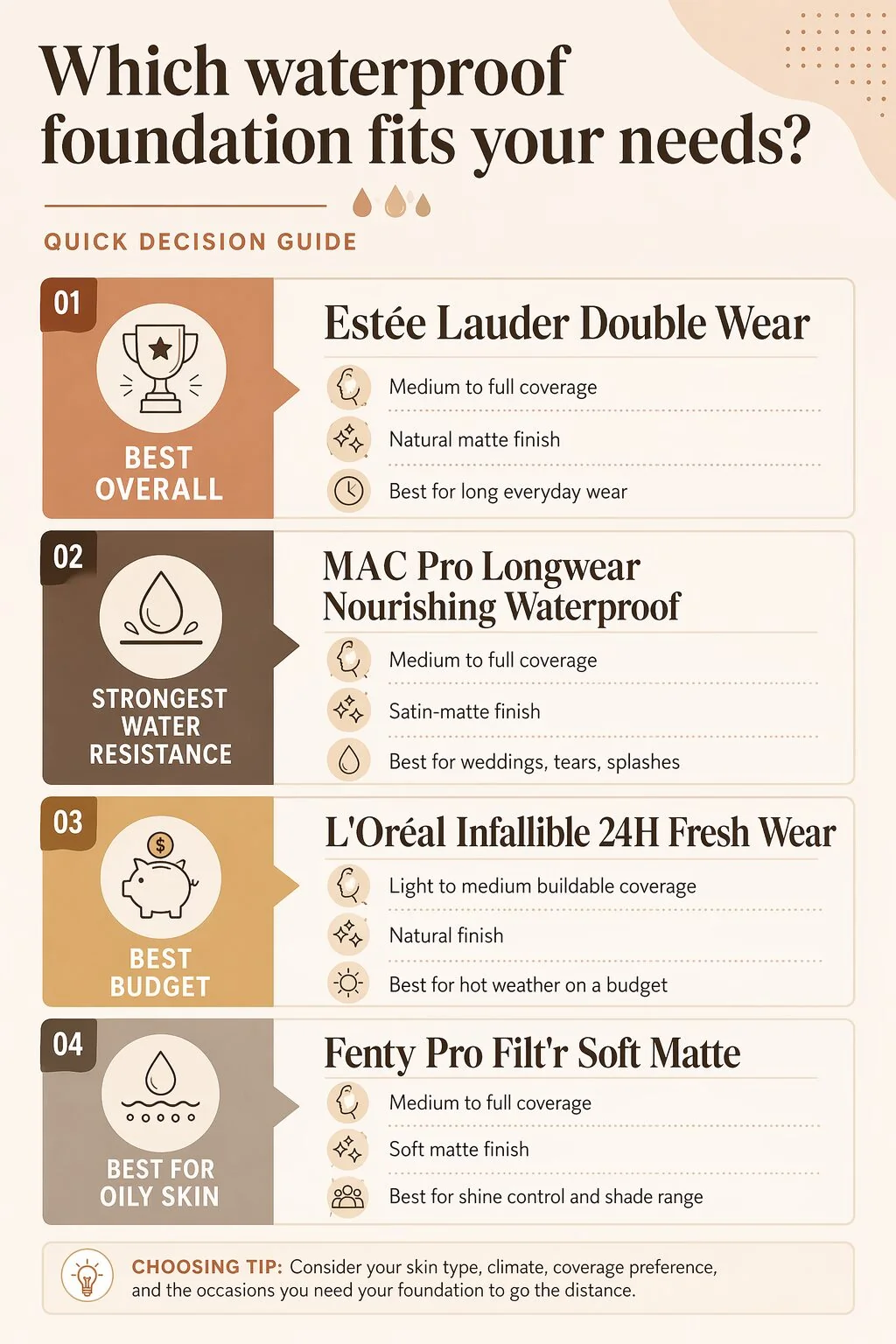 A four-part comparison showing the best waterproof foundation picks by use case: overall, strongest water resistance, budget, and oily skin.