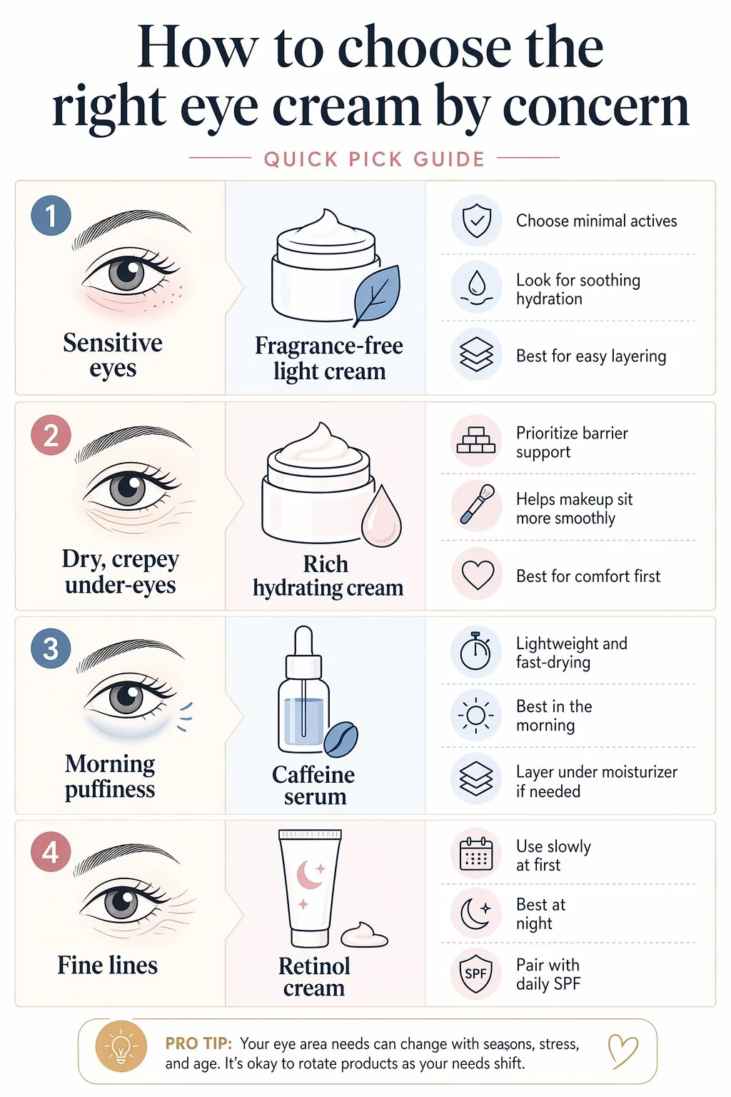 Simple guide matching common under-eye concerns to the best eye cream type.