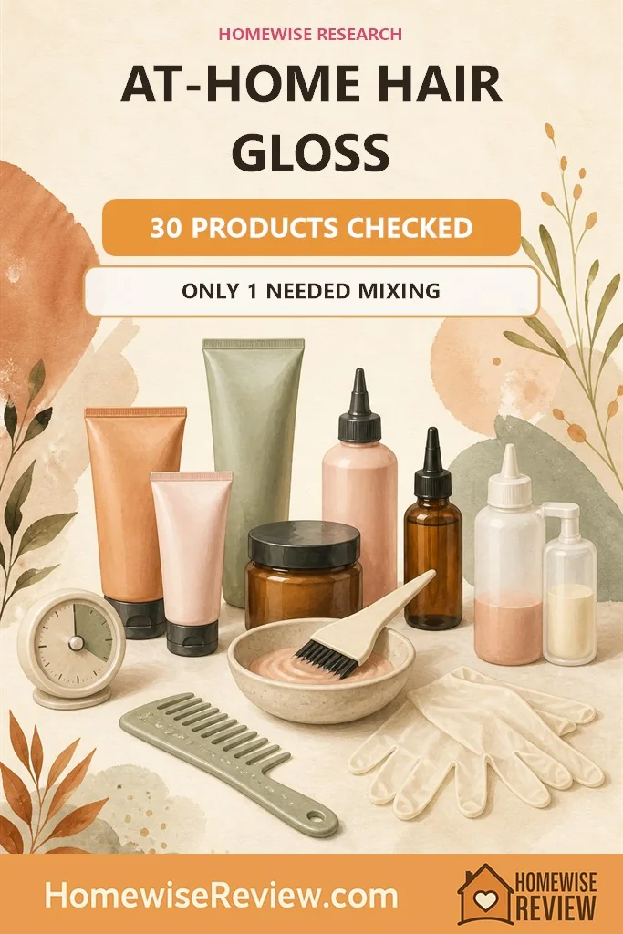 Warm illustrated hair-gloss research cover stating that 30 products were checked and only one required mixing