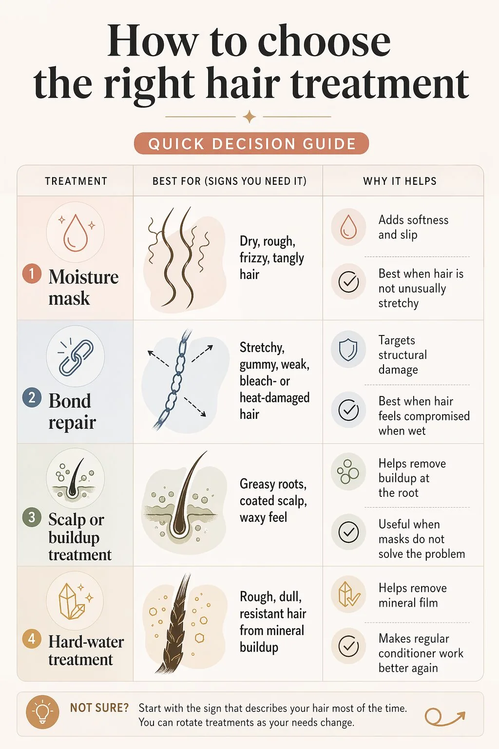 A simple matrix showing when to choose a moisture mask, bond repair, scalp treatment, or hard-water treatment based on hair symptoms.