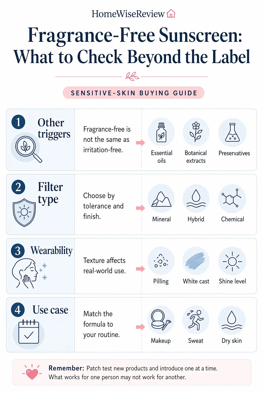 Checklist showing that fragrance-free sunscreen can still contain other irritants, with notes on filters, texture, water resistance, and white cast.