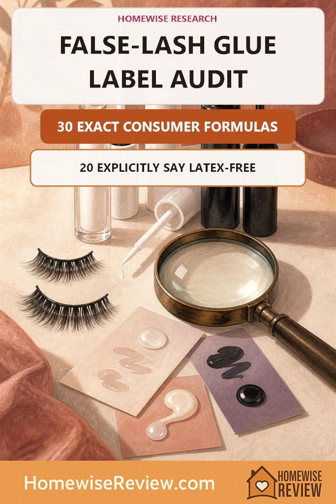 Warm illustrated HomeWise Research cover showing clear and black false-lash adhesive tubes, strip lashes and a magnifying glass, stating that 30 formulas were checked and 20 explicitly say latex-free