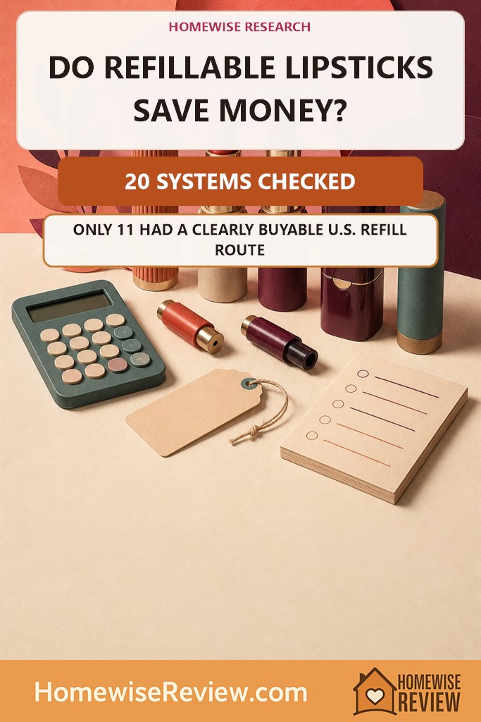 Warm editorial research cover with reusable lipstick cases, refill cartridges, a calculator and the finding that only 11 of 20 systems had a clearly buyable U.S. refill route